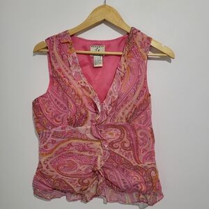ICE SILK VINTAGE WOMEN'S SLEEVELESS RUFFLE PINK FLORAL PAISELY TOP